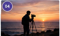 Cinéaste sur trépied au coucher du soleil
